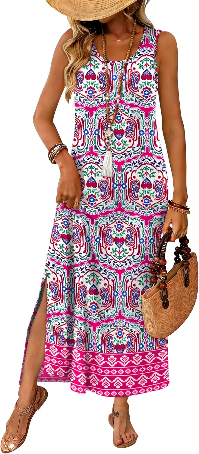 WIHOLL Maxi Dress Summer Dresses 2026 Beach Vacation Clothes Sleeveless Sundresses with Pockets Boho S-3XL