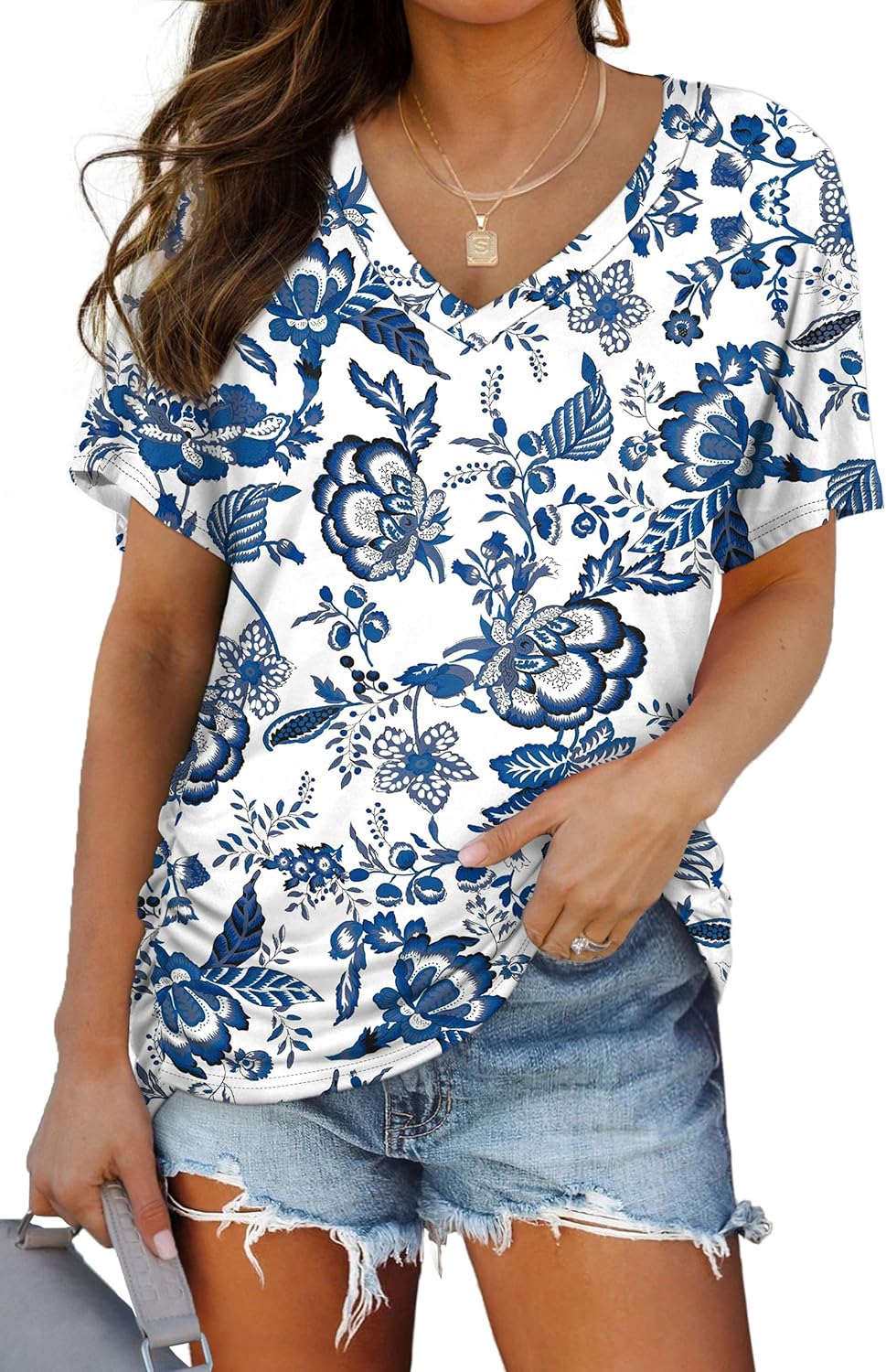 WIHOLL Womens Summer T-Shirts Short Sleeve V Neck Dolman Tops with Side Shirring Loose Fit Shirts Spring Fashion