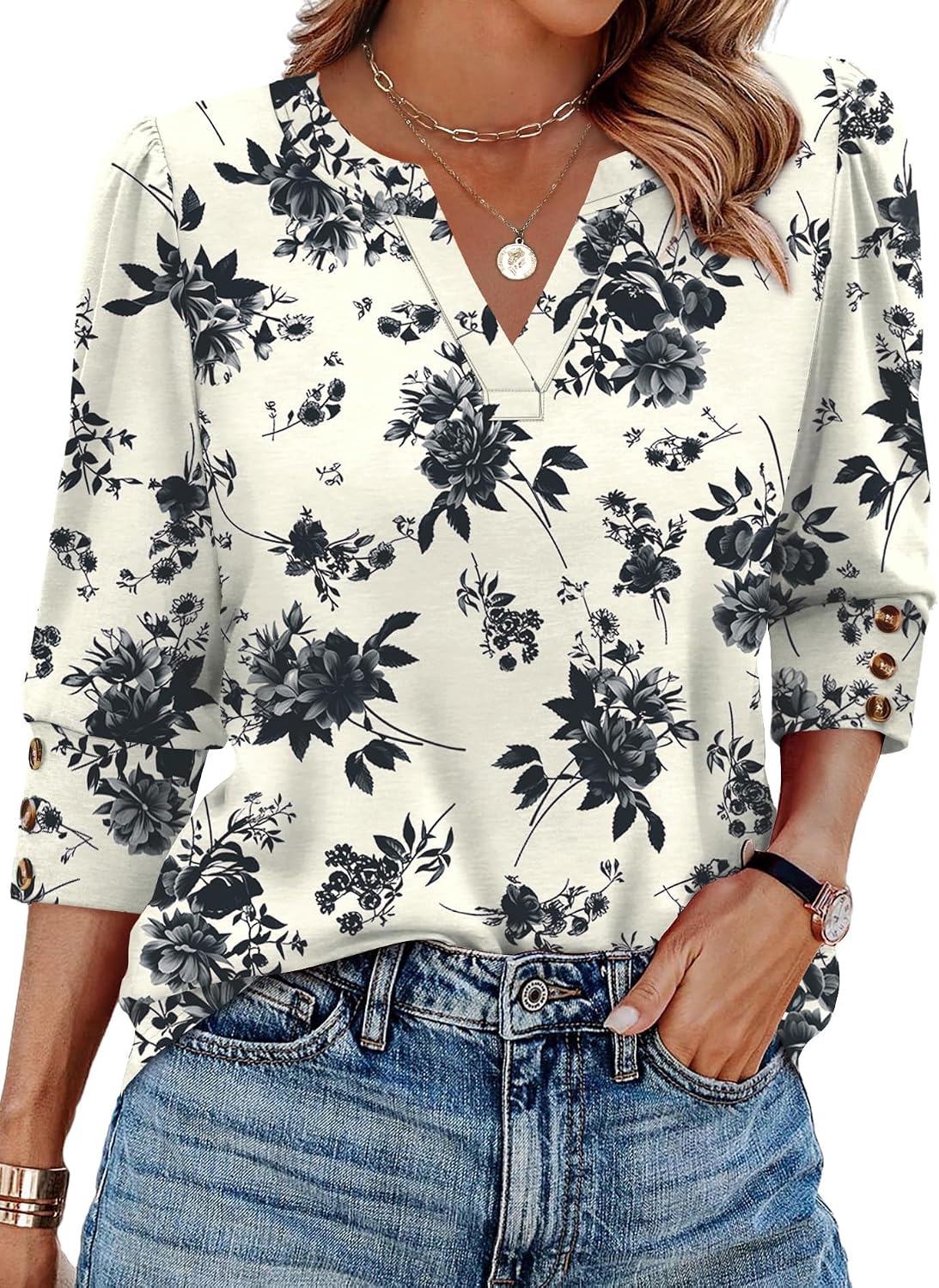 WIHOLL 3/4 Length Sleeve Womens Tops with Button Cuffs Dressy Casual V Neck Summer Outfits Early Fall Fashion Spring Clothes