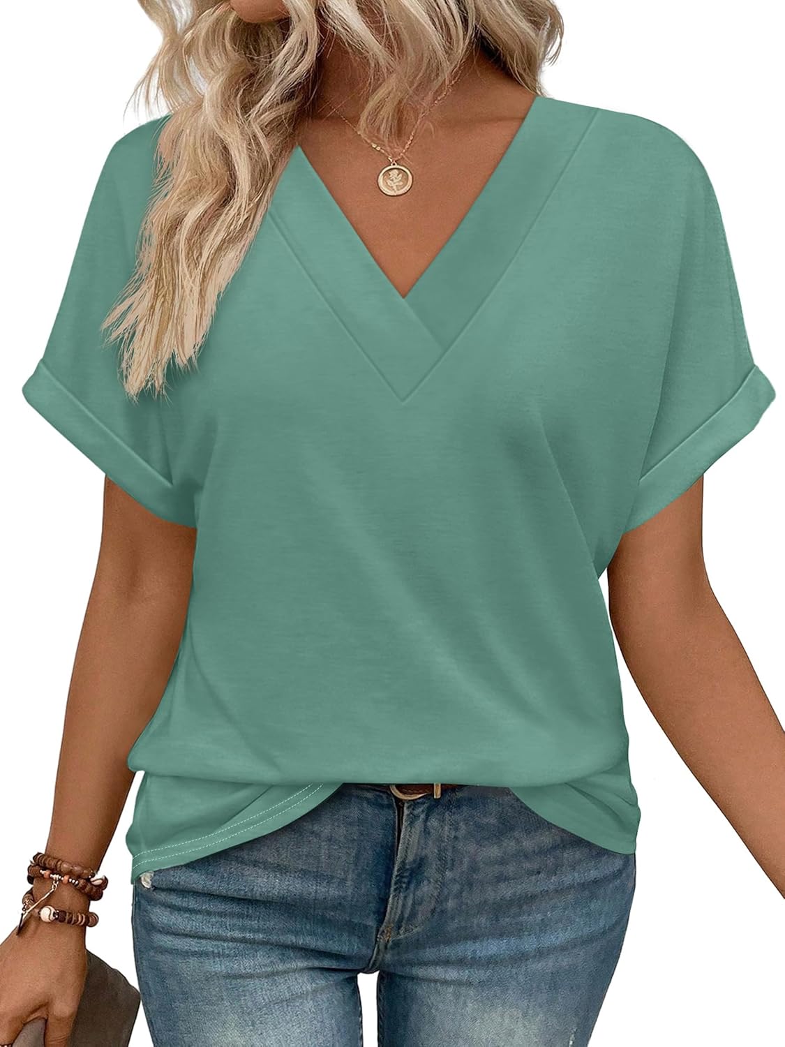 WIHOLL Womens Summer Tops Short Dolman Sleeve Shirts 2026 Fashion V Neck Outfits Clothes