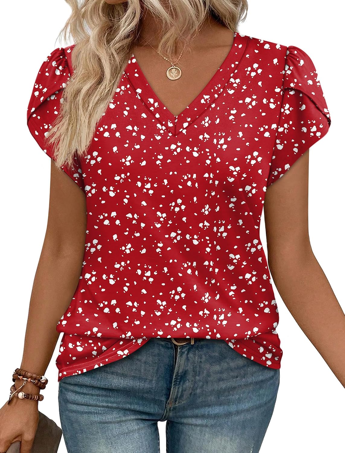 WIHOLL Womens Tops Dressy Casual Petal Sleeve Summer Spring Short Sleeve V Neck Shirts Work Business Vacation Clothes 2026