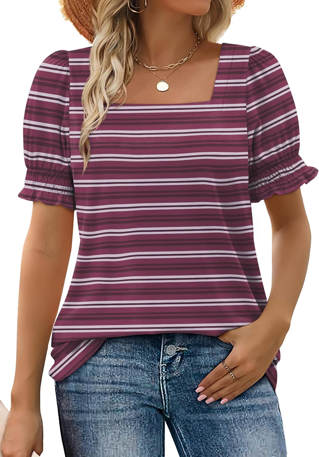 WIHOLL Tops for Women Summer Casual Ruffle Trim Sleeve Square Neck T Shirts