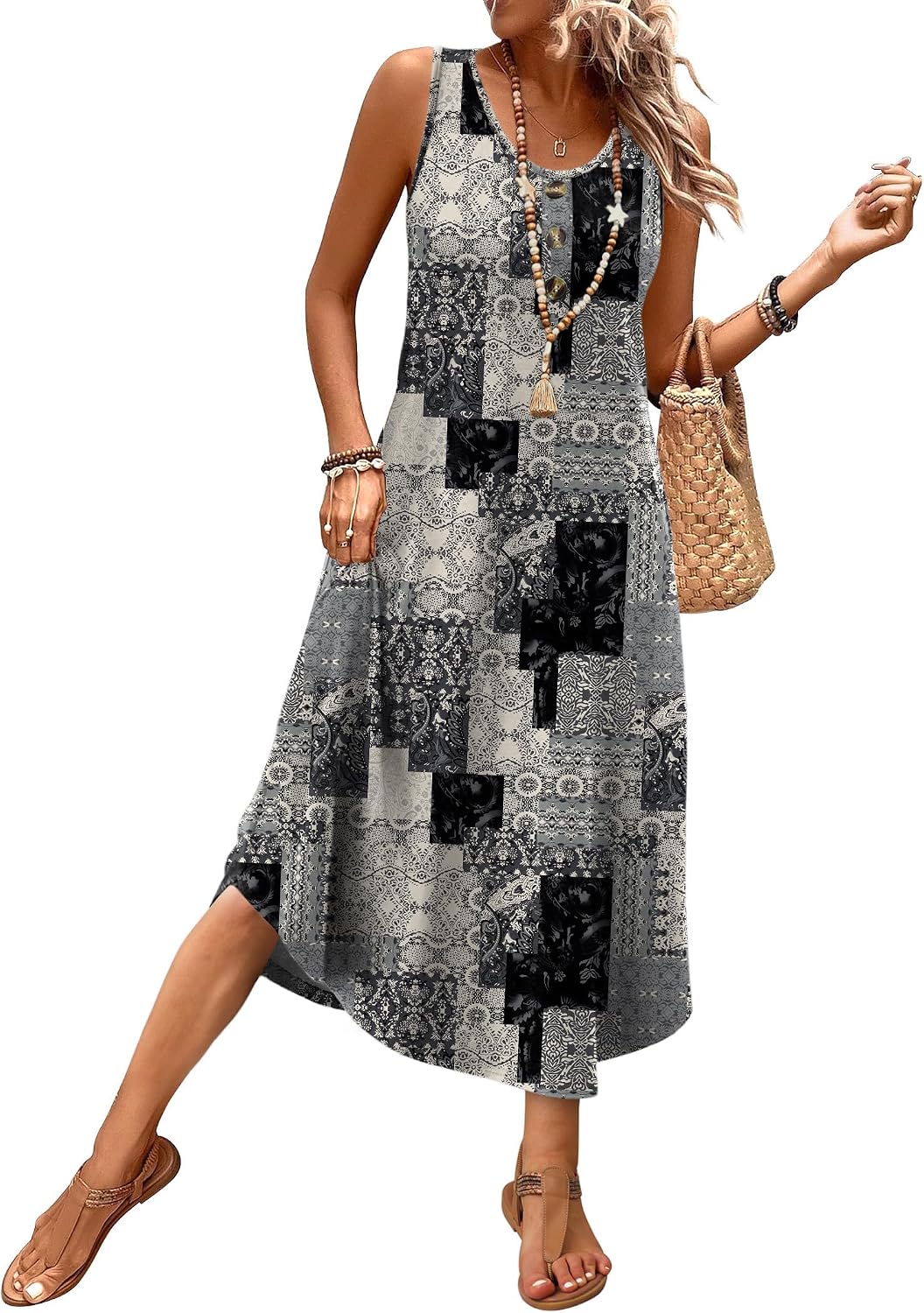 WIHOLL Summer Dresses for Women 2026 Button Front Sleeveless Casual Midi Dress Beach Vacation Sundresses with Pockets