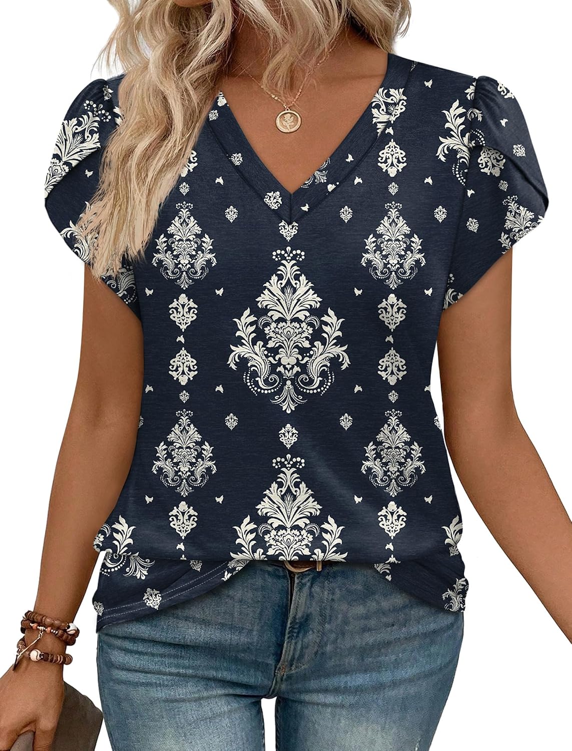 WIHOLL Womens Tops Dressy Casual Petal Sleeve Summer Spring Short Sleeve V Neck Shirts Work Business Vacation Clothes 2026