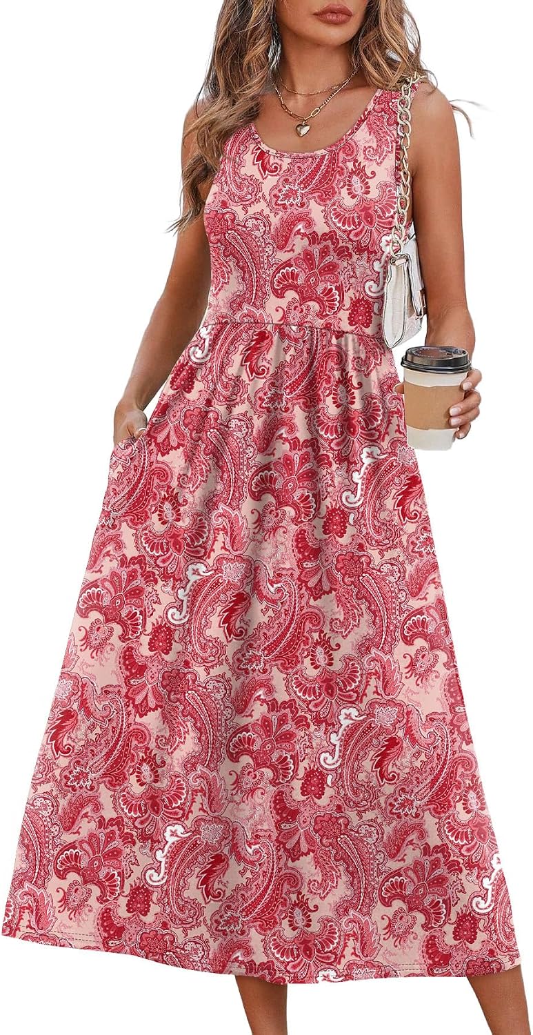 WIHOLL Summer Dresses for Women Flowy Casual Midi Dress Beach Vacation Sundresses with Pockets