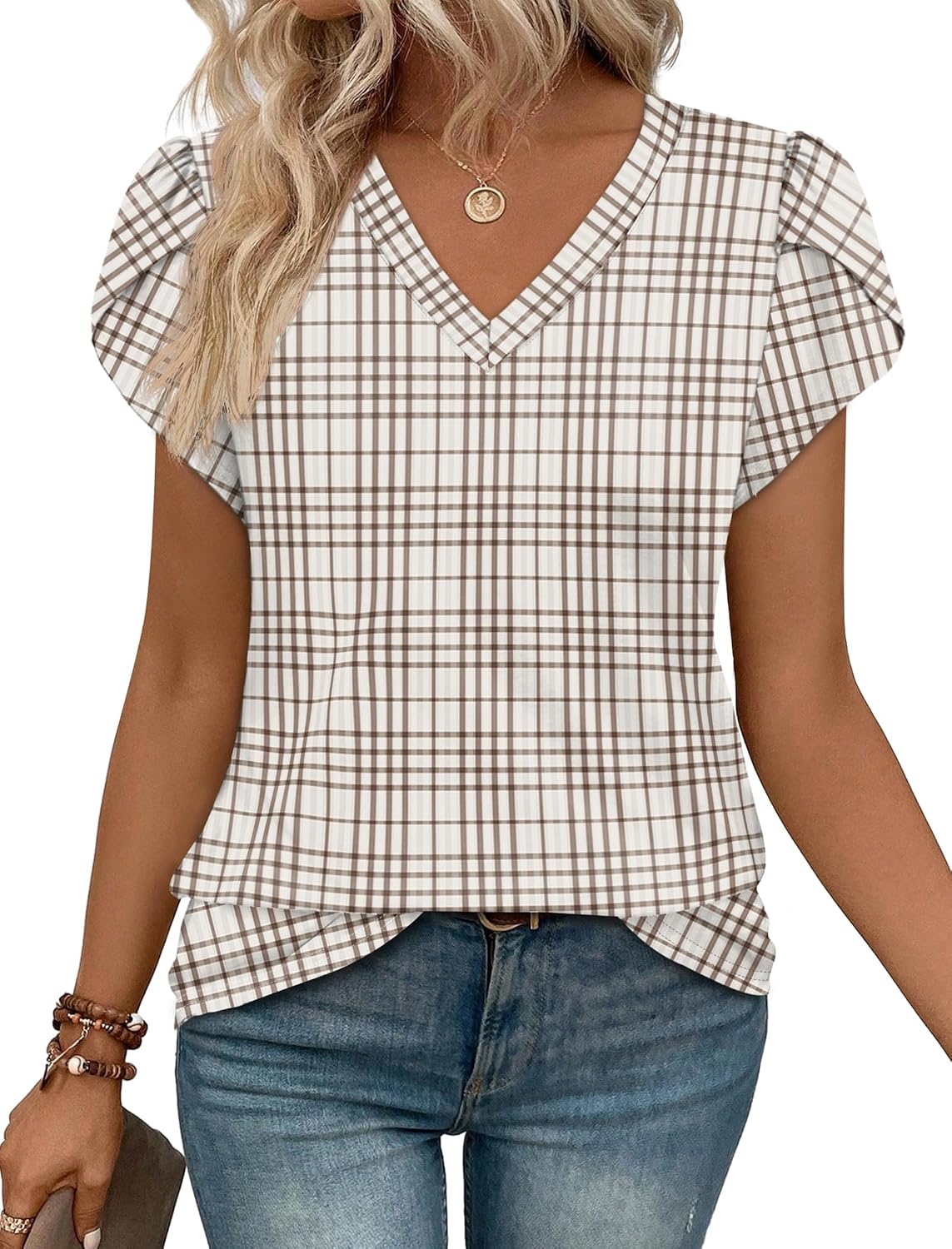 WIHOLL Womens Tops Dressy Casual Petal Sleeve Summer Spring Short Sleeve V Neck Shirts Work Business Vacation Clothes 2026