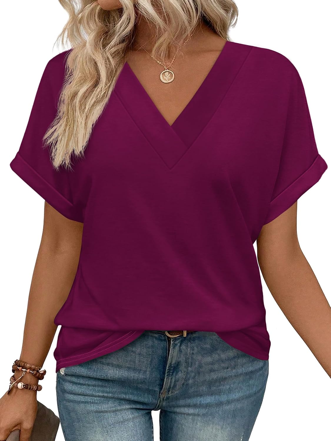WIHOLL Womens Summer Tops Short Dolman Sleeve Shirts 2026 Fashion V Neck Outfits Clothes