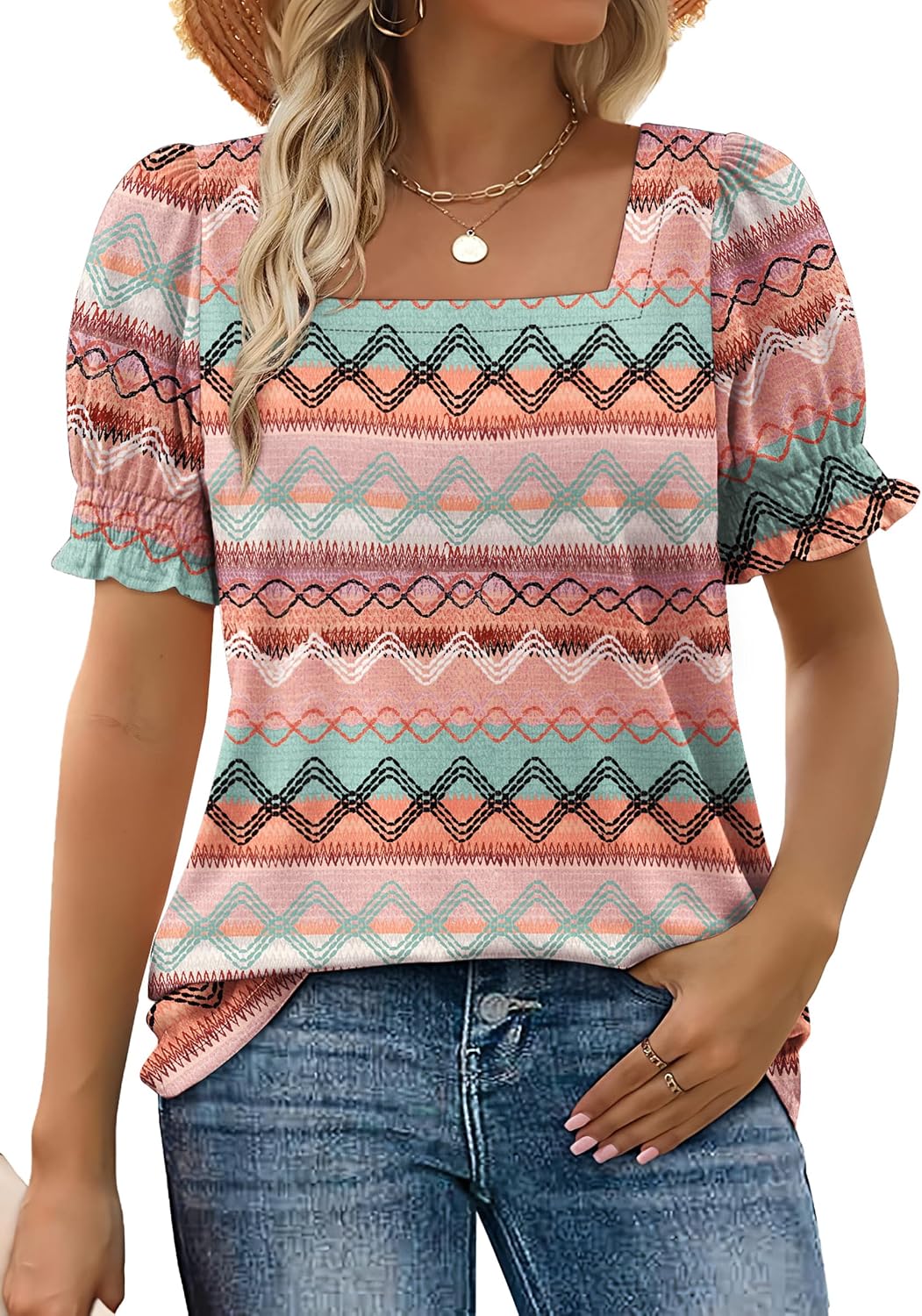 WIHOLL Tops for Women Summer Casual Ruffle Trim Sleeve Square Neck T Shirts
