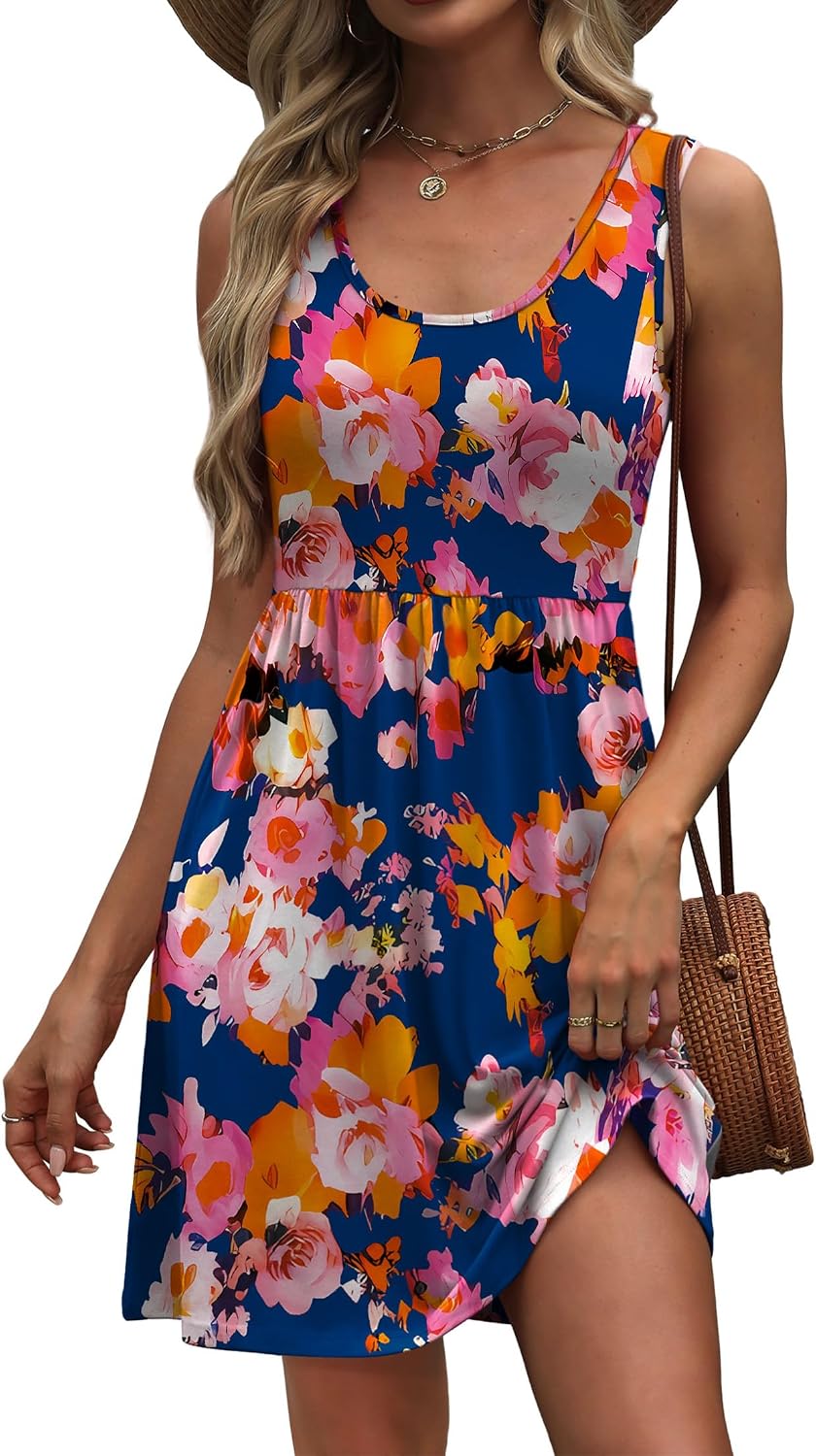 WIHOLL Women's Summer Dress 2026 A-Line Sleeveless Casual Sundress with Pockets Floral/Solid