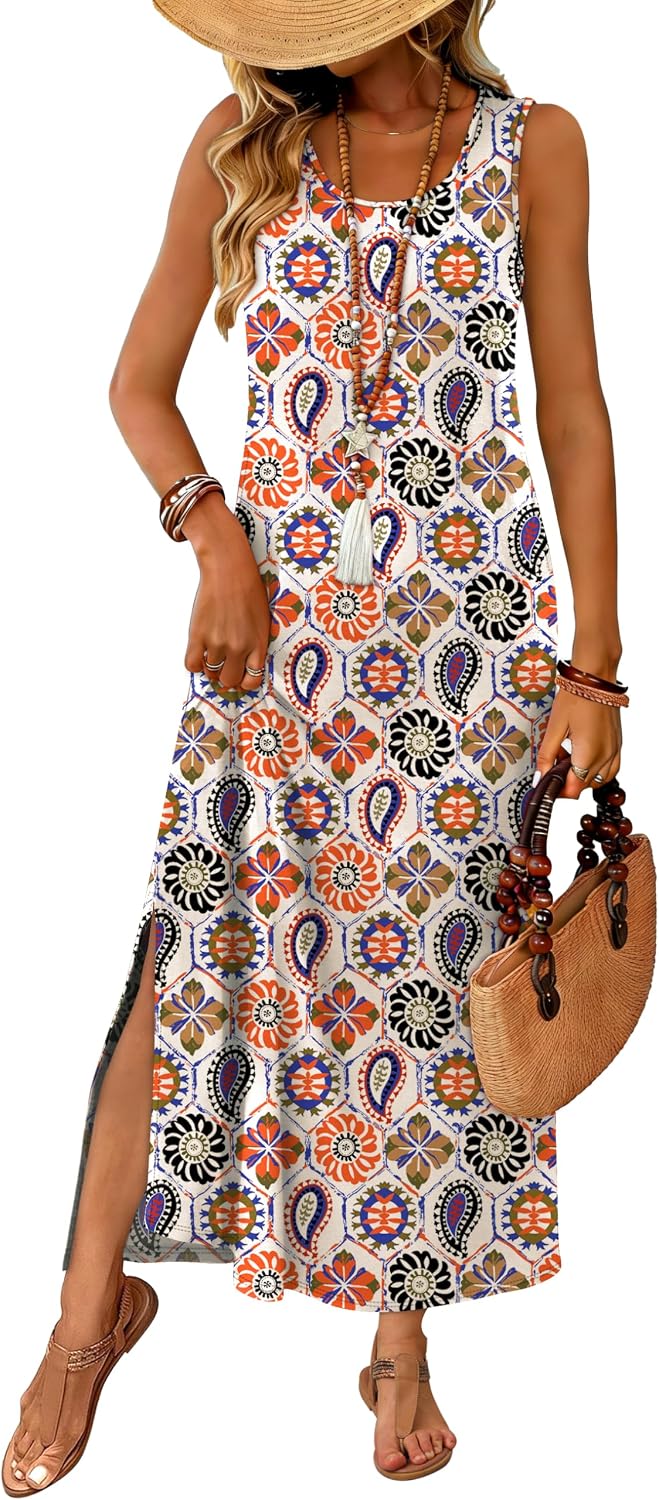 WIHOLL Maxi Dress Summer Dresses 2026 Beach Vacation Clothes Sleeveless Sundresses with Pockets Boho S-3XL