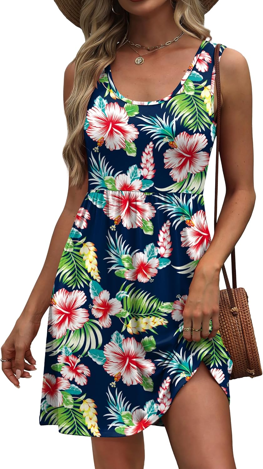 WIHOLL Women's Summer Dress 2026 A-Line Sleeveless Casual Sundress with Pockets Floral/Solid