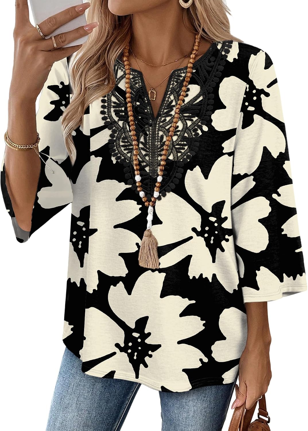 WIHOLL 3/4 Length Sleeve Womens Tops Boho V Neck Lace Shirt Trendy Blouses Dressy Casual Vacation Clothes S-3XL