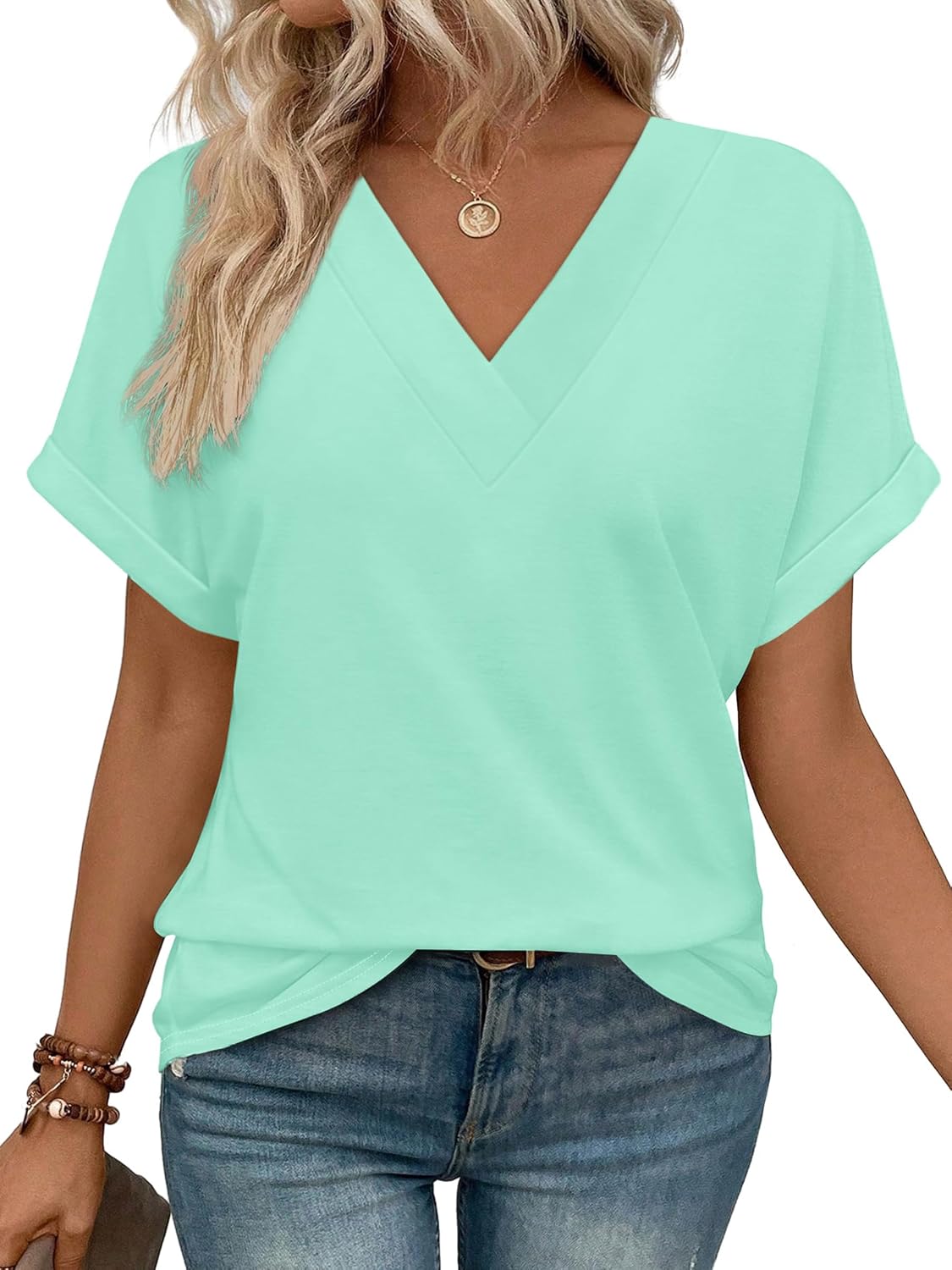 WIHOLL Womens Summer Tops Short Dolman Sleeve Shirts 2026 Fashion V Neck Outfits Clothes