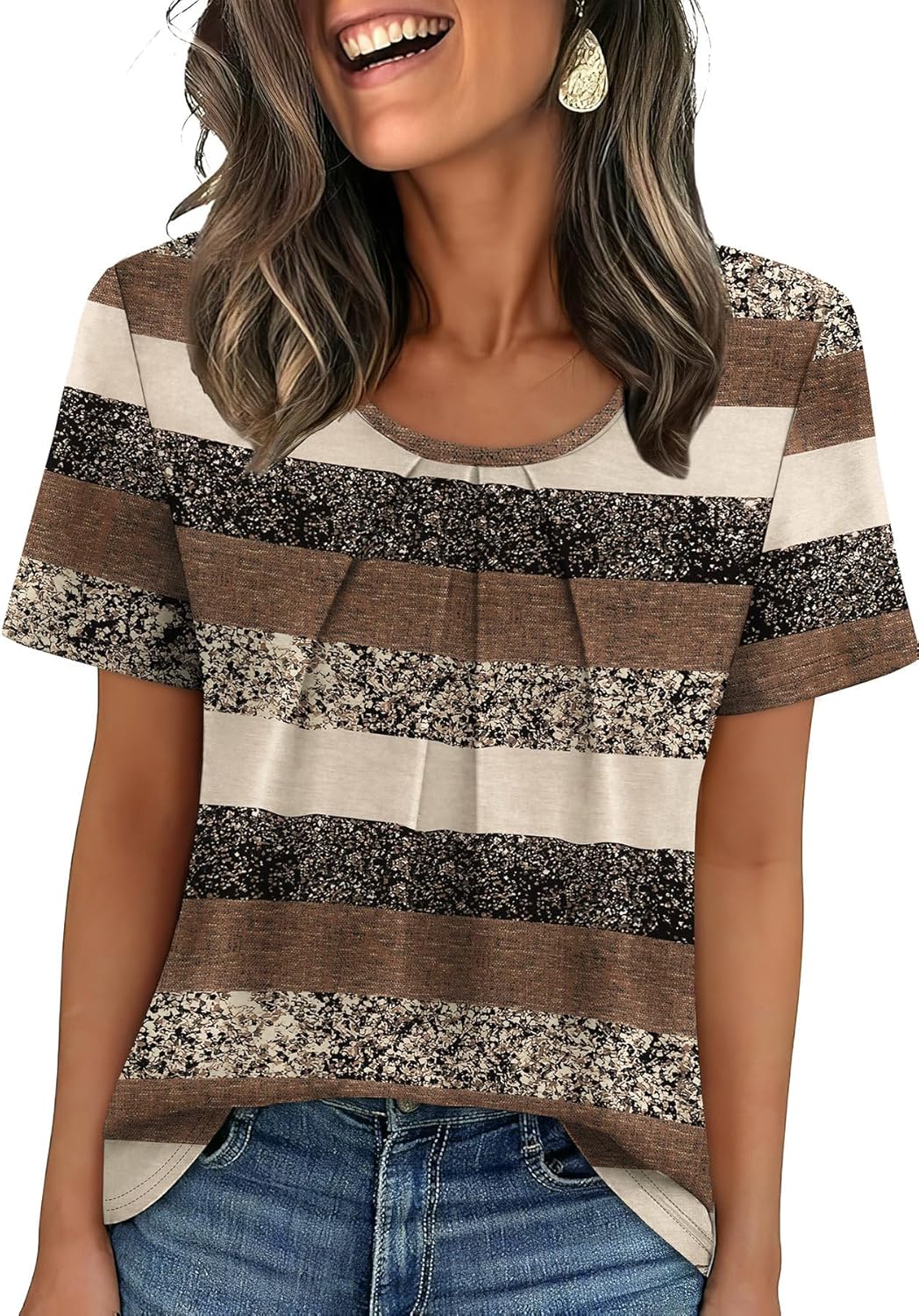 WIHOLL Women T Shirts Pleated Short Sleeve Tops Business Casual Blouses | Loose Fit, Dressy Casual, Trendy 2026, Flowy, Boho
