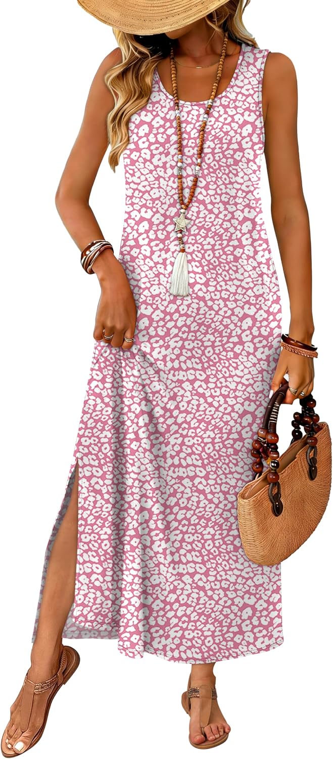 WIHOLL Maxi Dress Summer Dresses 2026 Beach Vacation Clothes Sleeveless Sundresses with Pockets Boho S-3XL
