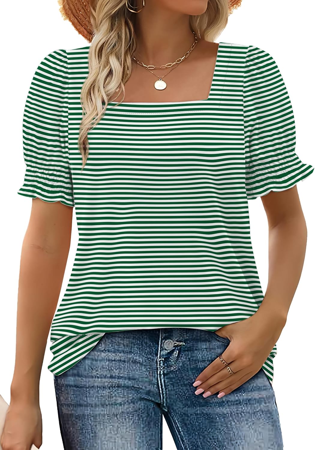 WIHOLL Tops for Women Summer Casual Ruffle Trim Sleeve Square Neck T Shirts