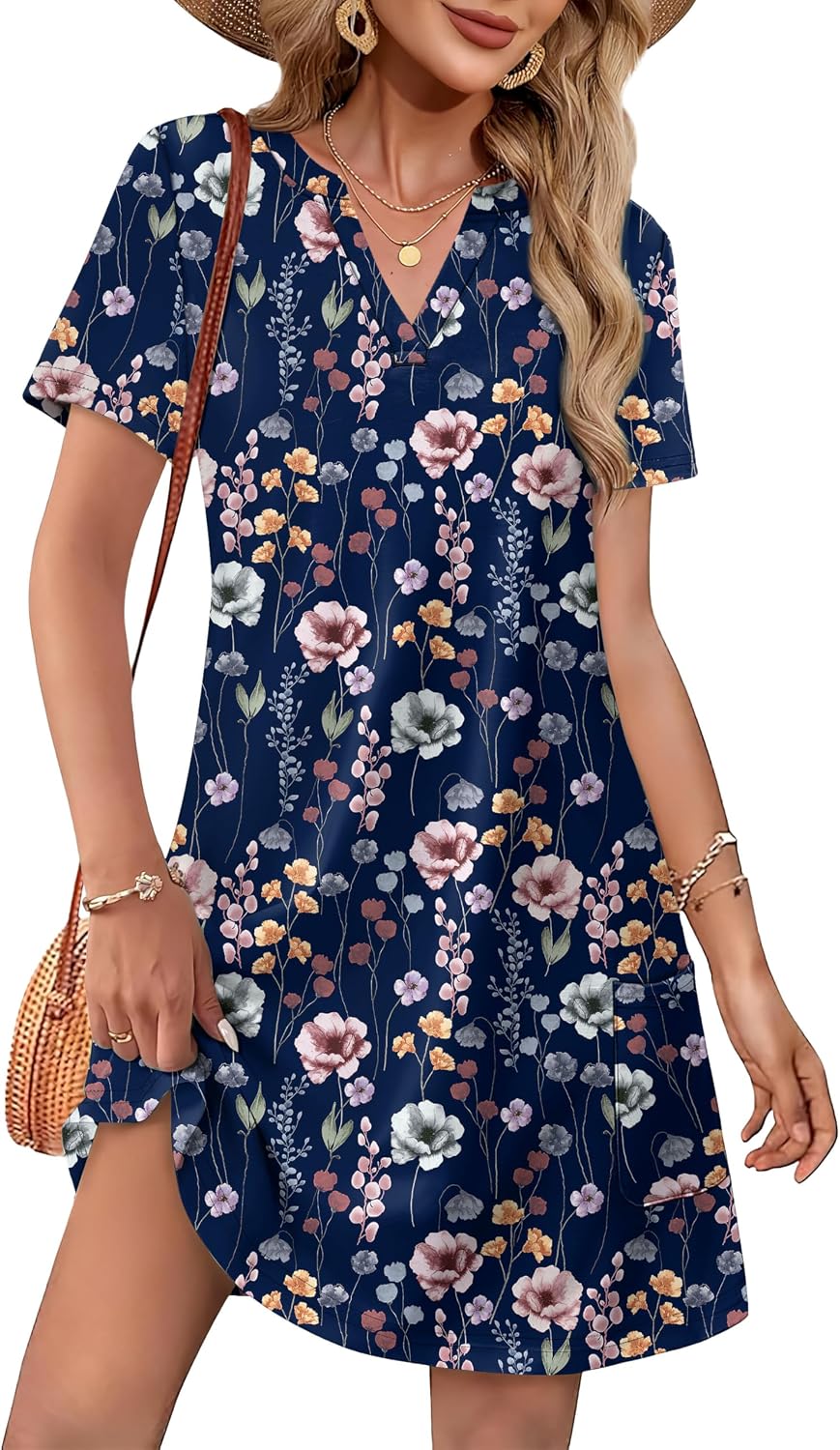 WIHOLL Summer Dresses for Women Casual V Neck Wedding Guest Dress Hawaiian Midi Dress Fashion Beach Vacation Clothes