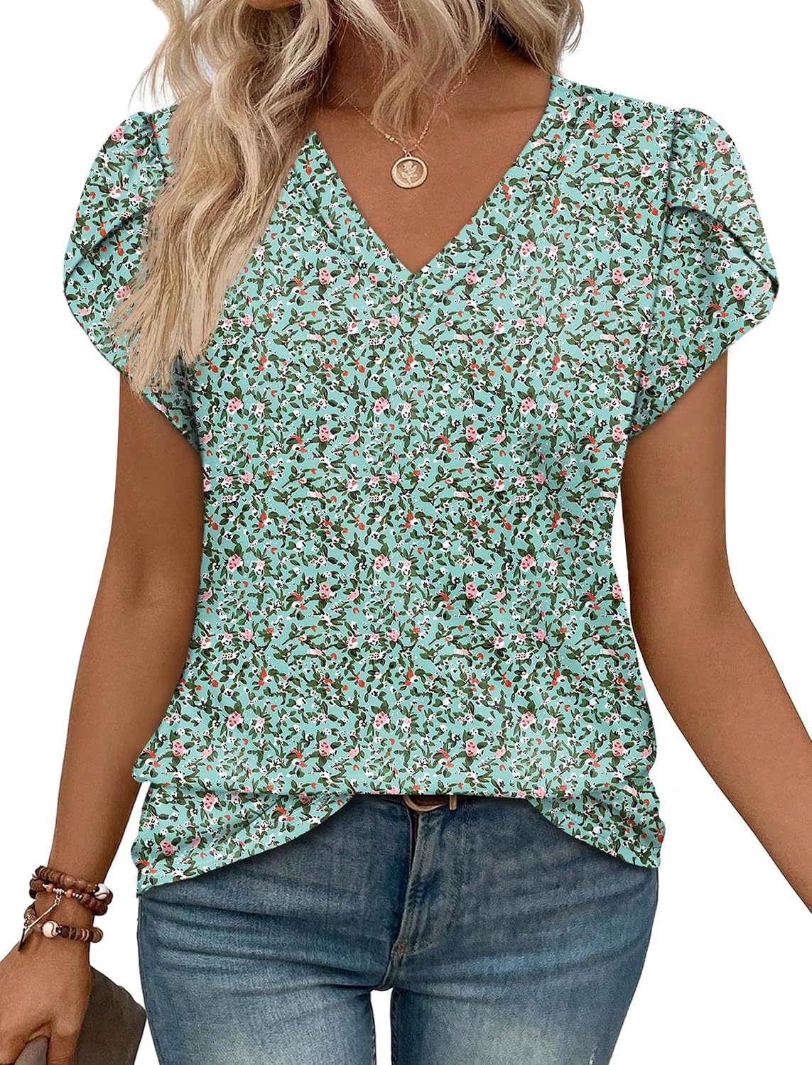 WIHOLL Womens Tops Dressy Casual Petal Sleeve Summer Spring Short Sleeve V Neck Shirts Work Business Vacation Clothes 2026