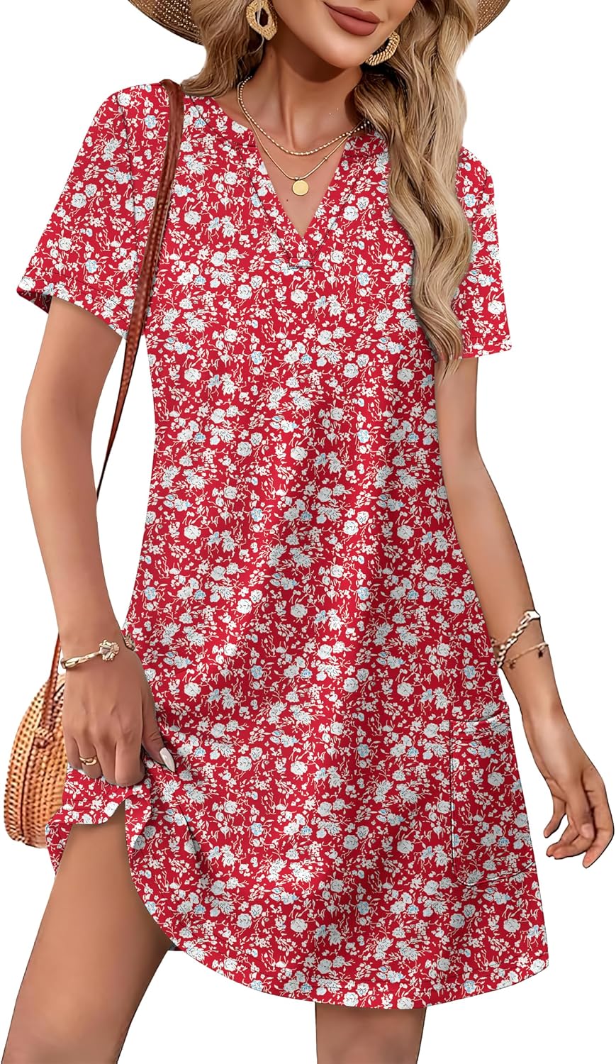 WIHOLL Summer Dresses for Women Casual V Neck Wedding Guest Dress Hawaiian Midi Dress Fashion Beach Vacation Clothes