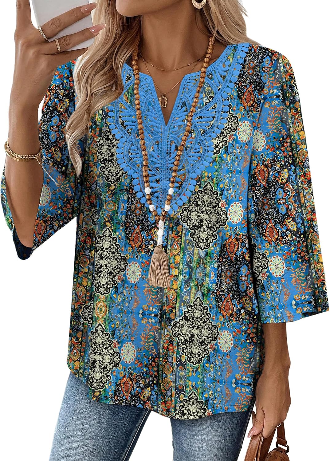 WIHOLL 3/4 Length Sleeve Womens Tops Boho V Neck Lace Shirt Trendy Blouses Dressy Casual Vacation Clothes S-3XL