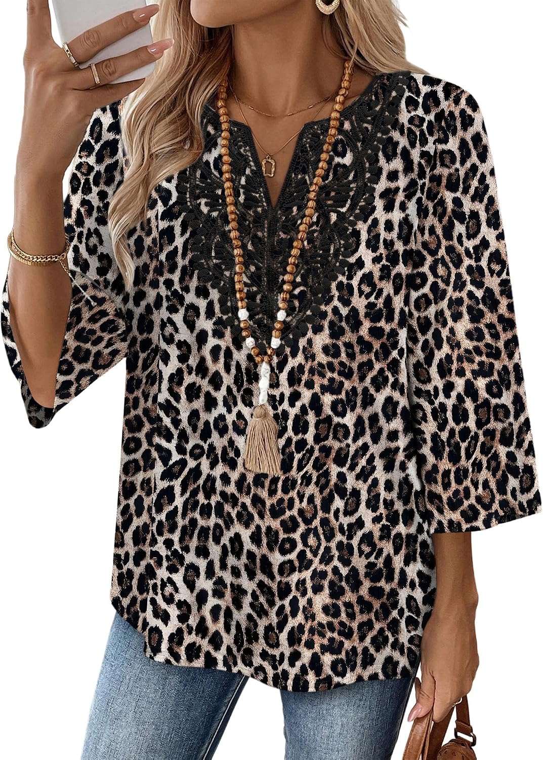 WIHOLL 3/4 Length Sleeve Womens Tops Boho V Neck Lace Shirt Trendy Blouses Dressy Casual Vacation Clothes S-3XL