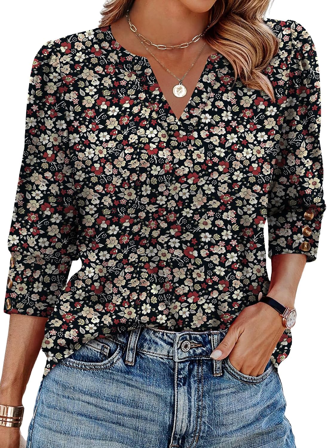 WIHOLL 3/4 Length Sleeve Womens Tops with Button Cuffs Dressy Casual V Neck Summer Outfits Early Fall Fashion Spring Clothes