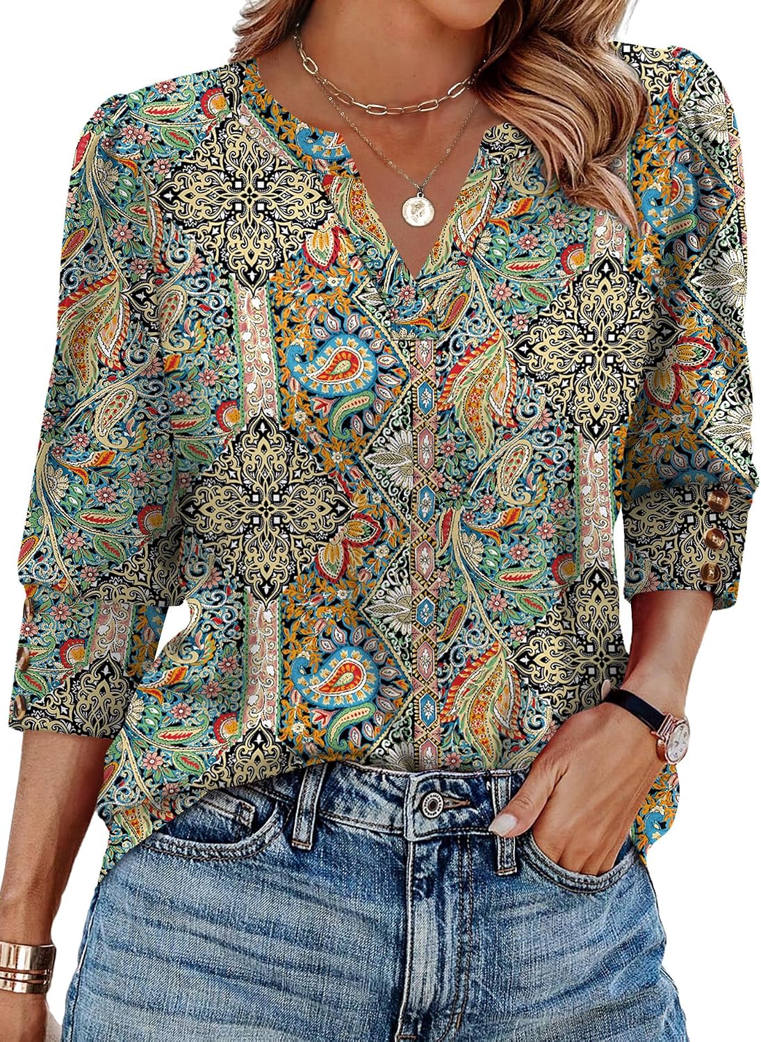 WIHOLL 3/4 Length Sleeve Womens Tops with Button Cuffs Dressy Casual V Neck Summer Outfits Early Fall Fashion Spring Clothes