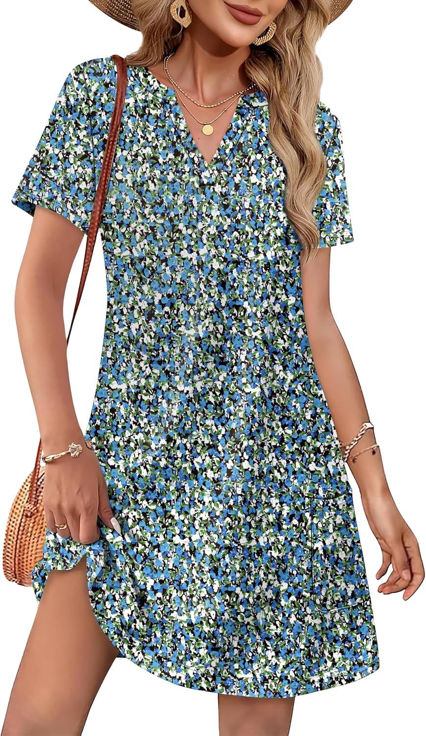 WIHOLL Summer Dresses for Women Casual V Neck Wedding Guest Dress Hawaiian Midi Dress Fashion Beach Vacation Clothes