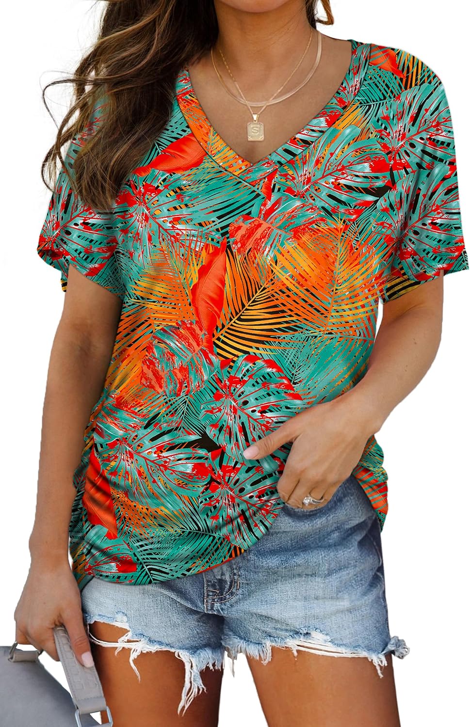 WIHOLL Womens Summer T-Shirts Short Sleeve V Neck Dolman Tops with Side Shirring Loose Fit Shirts Spring Fashion