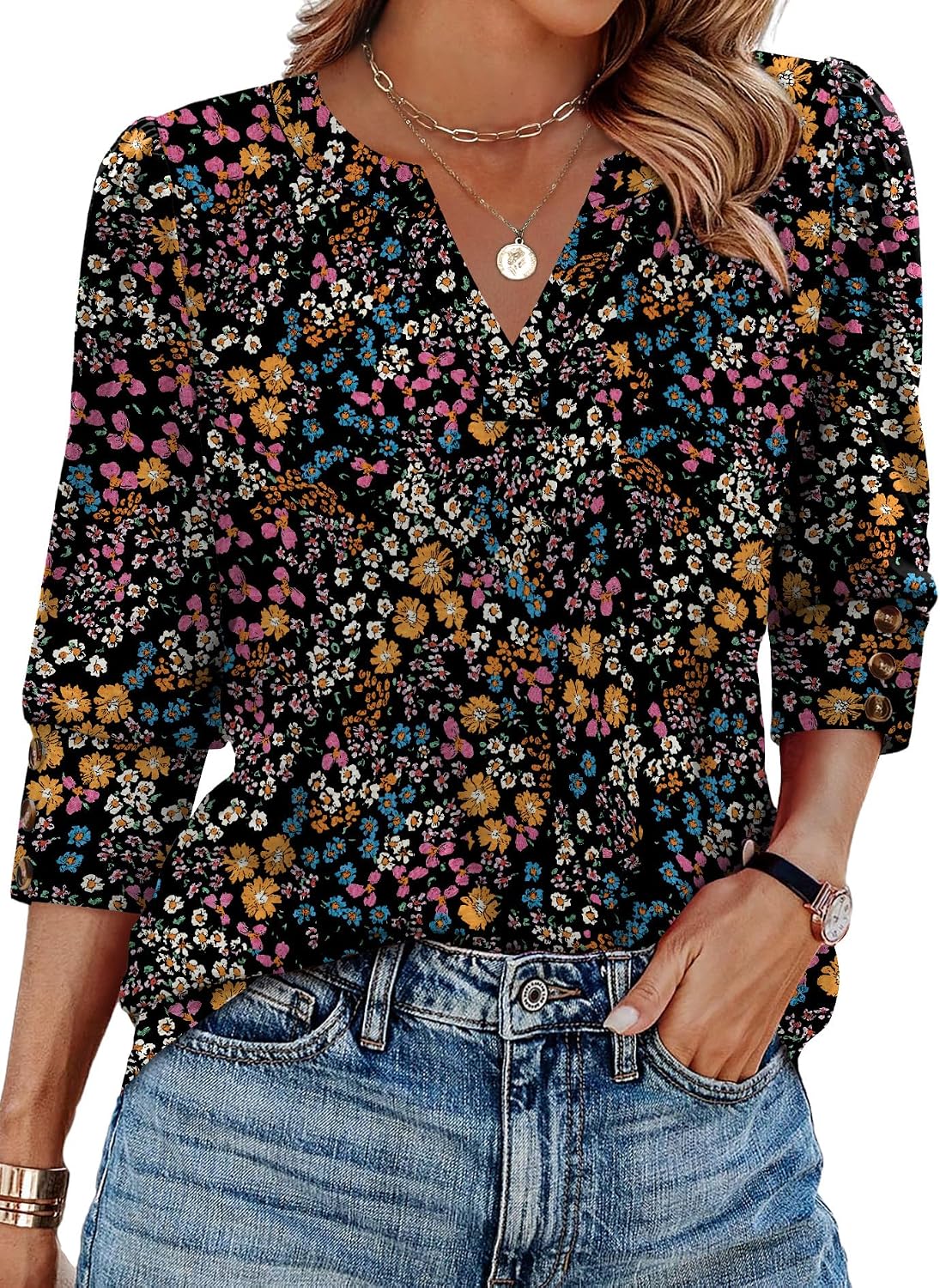 WIHOLL 3/4 Length Sleeve Womens Tops with Button Cuffs Dressy Casual V Neck Summer Outfits Early Fall Fashion Spring Clothes