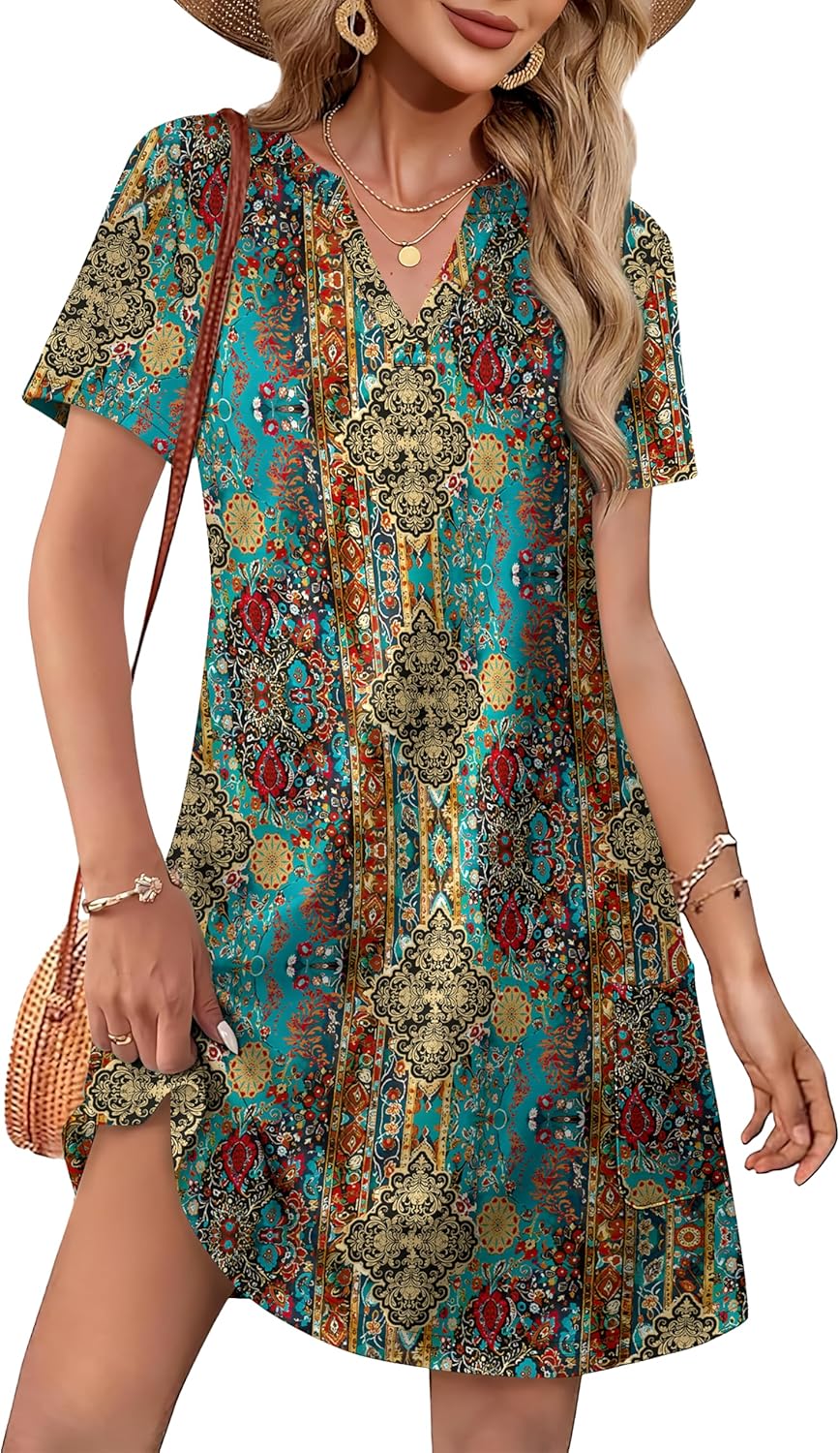 WIHOLL Summer Dresses for Women Casual V Neck Wedding Guest Dress Hawaiian Midi Dress Fashion Beach Vacation Clothes